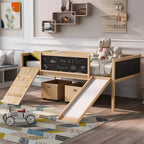 Twin Size Loft Bed with Three Blackboards, Two Storage Boxes, and Slide, Perfect for Kids' Bedroom Playtime