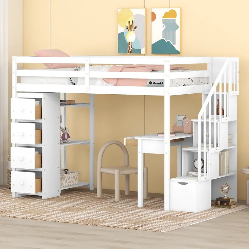 Letto a soppalco singolo con scrivania integrata, cassetti e scala contenitore