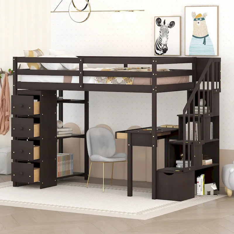 Letto a soppalco singolo con scrivania integrata, cassetti e scala contenitore