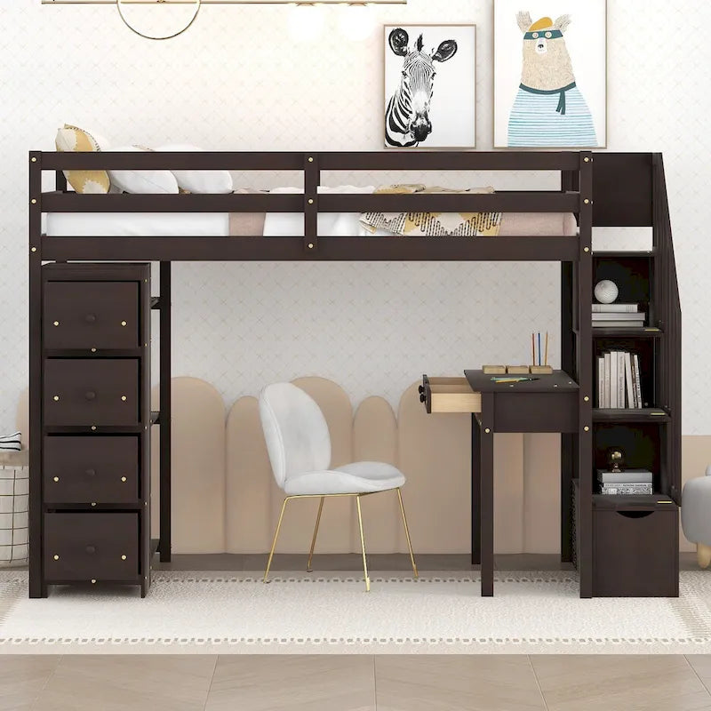 Letto a soppalco singolo con scrivania integrata, cassetti e scala contenitore