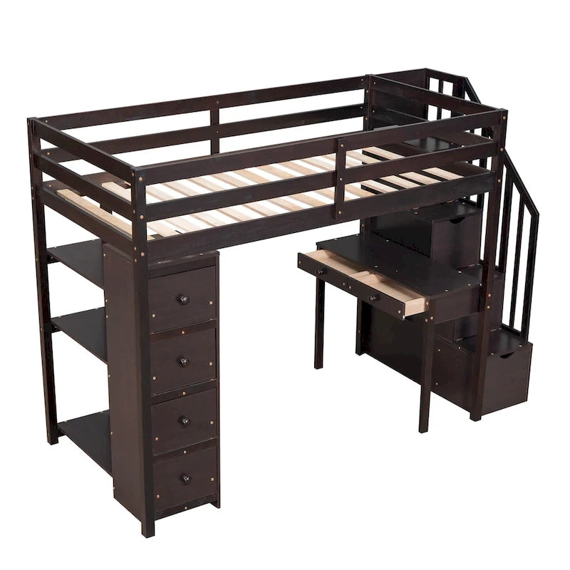 Letto a soppalco singolo con scrivania integrata, cassetti e scala contenitore