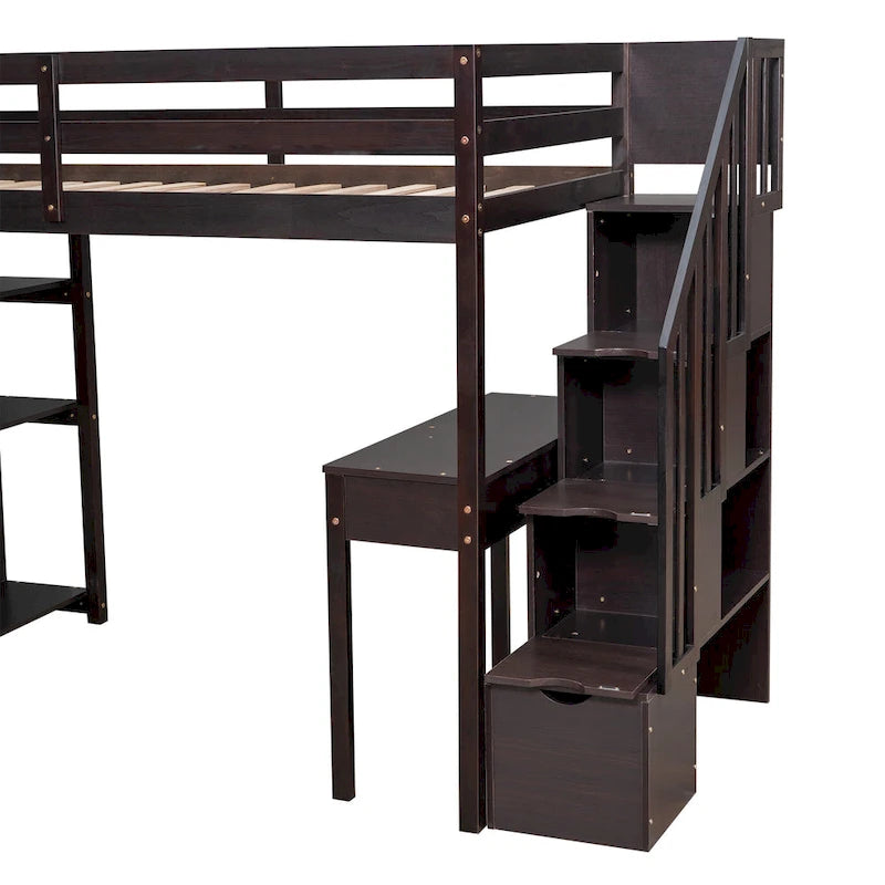 Letto a soppalco singolo con scrivania integrata, cassetti e scala contenitore
