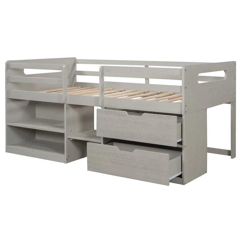 Letto a soppalco singolo con 2 mensole e 2 cassetti
