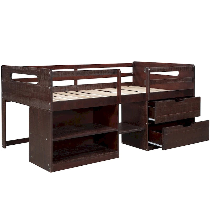 Letto a soppalco singolo con 2 mensole e 2 cassetti