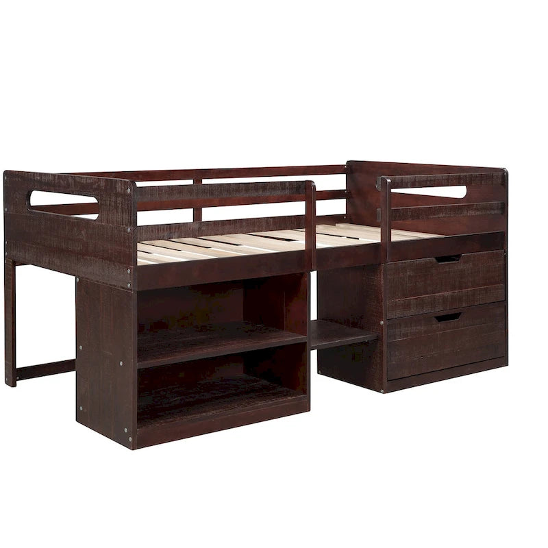Letto a soppalco singolo con 2 mensole e 2 cassetti