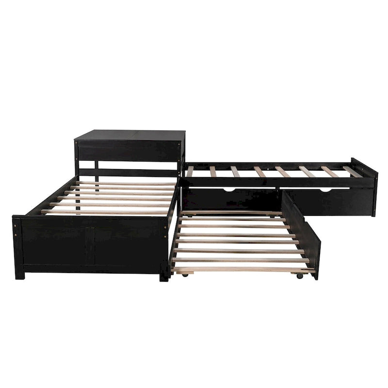 Letto a piattaforma a L con letto estraibile e cassetti contenitore, misura singola