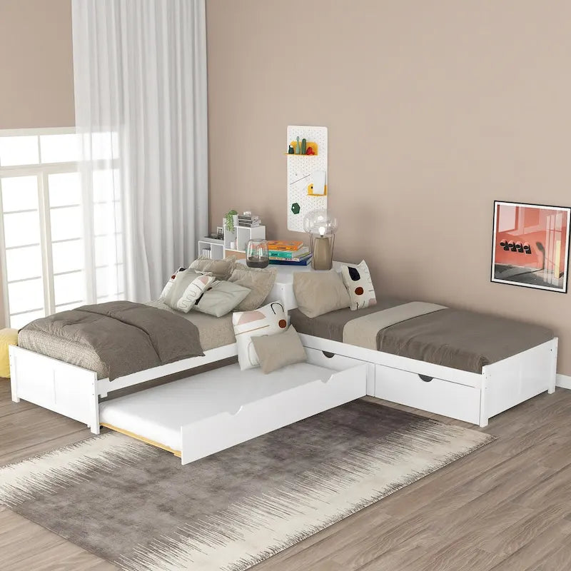 Letto a piattaforma a L con letto estraibile e cassetti contenitore, misura singola