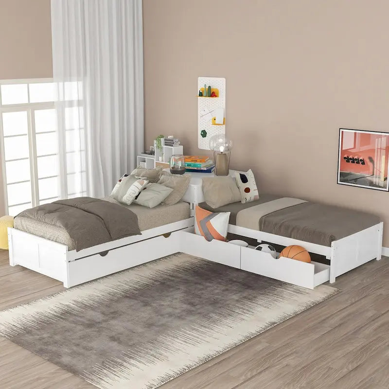 Letto a piattaforma a L con letto estraibile e cassetti contenitore, misura singola