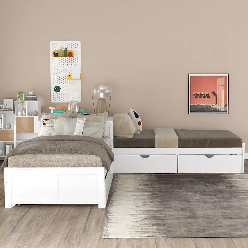 Letto a piattaforma a L con letto estraibile e cassetti contenitore, misura singola