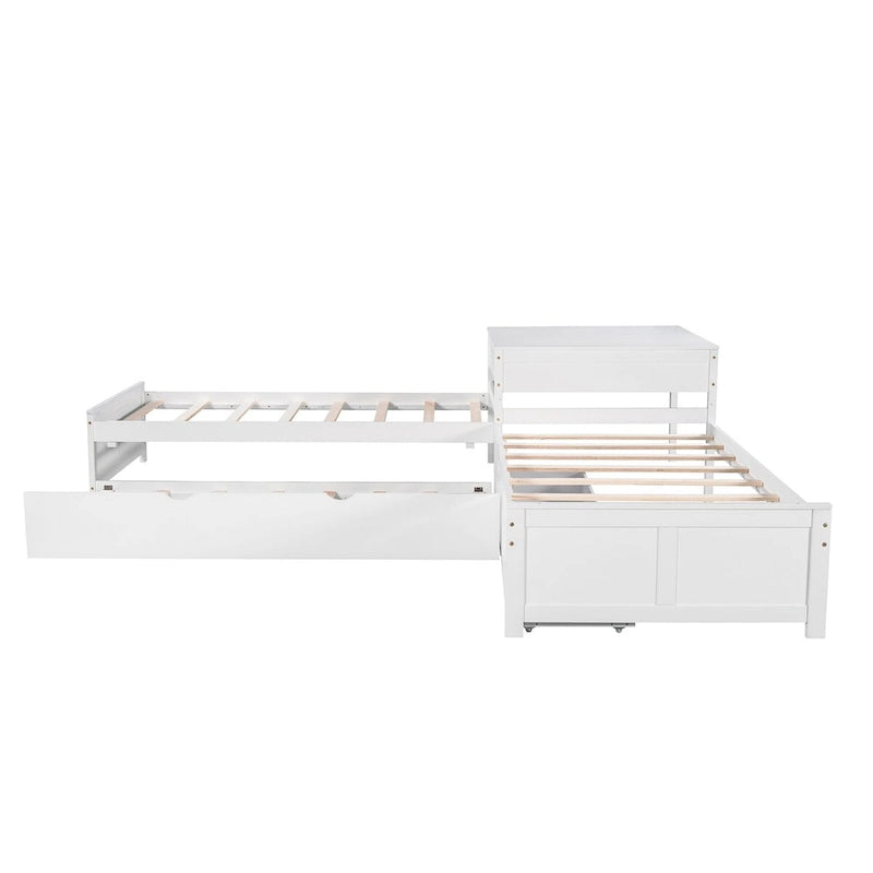 Letto a piattaforma a L con letto estraibile e cassetti contenitore, misura singola