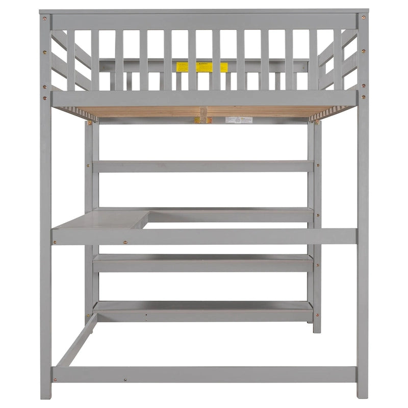 Letto a soppalco full-size con scrivania e mensole, grigio