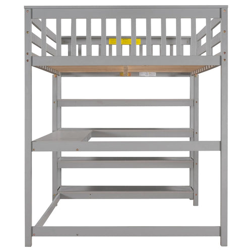 Letto a soppalco full-size con scrivania e mensole, grigio