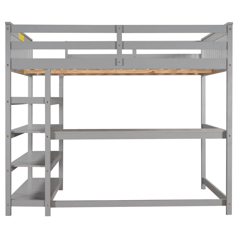 Letto a soppalco full-size con scrivania e mensole, grigio
