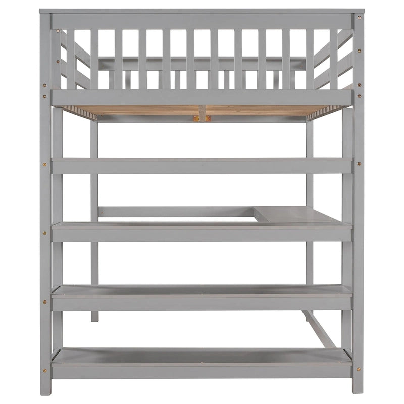 Letto a soppalco full-size con scrivania e mensole, grigio