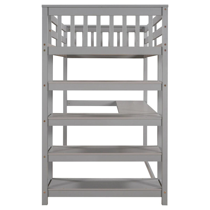 Gray Loft Bed with Storage Shelves and Under-Bed Desk