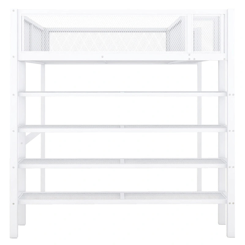 Full Size Metal Loft Bed with 4-Tier Shelves, Workstation, and Full-length Guardrail