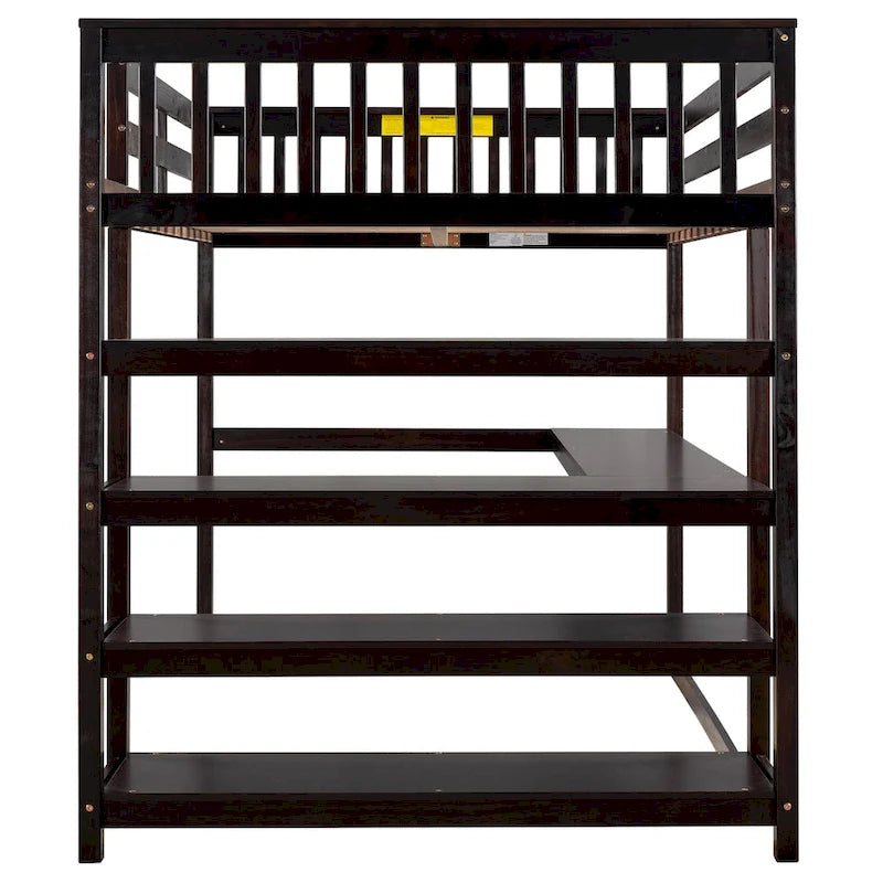 Letto a soppalco full-size con scrivania integrata e mensole portaoggetti