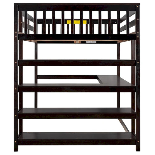Letto a soppalco full-size con scrivania integrata e mensole portaoggetti