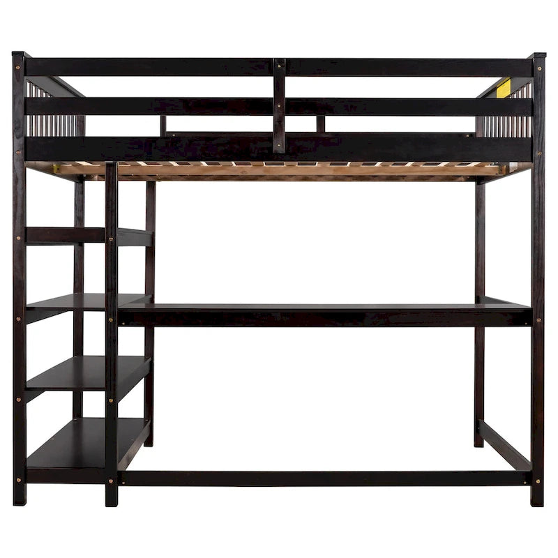 Letto a soppalco full-size con scrivania integrata e mensole portaoggetti