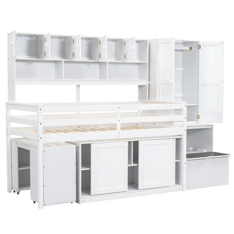 Twin Size Wood Loft Bed with Under-bed Desk and Drawers