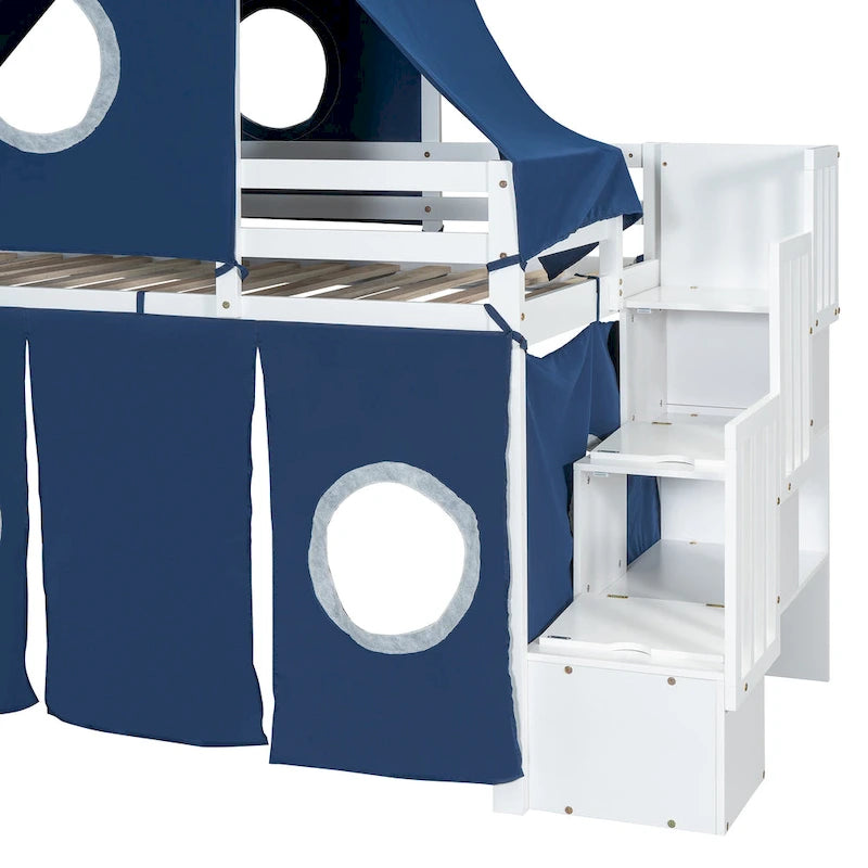Letto a soppalco singolo/matrimoniale con tenda e torre
