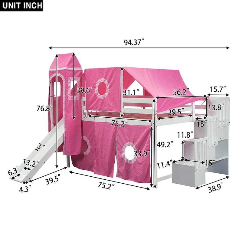 Letto a soppalco singolo/matrimoniale con tenda e torre