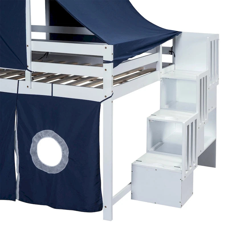 Letto a soppalco singolo/matrimoniale con tenda e torre