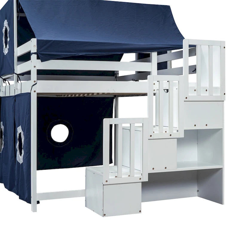 Letto a soppalco singolo/matrimoniale con tenda e torre