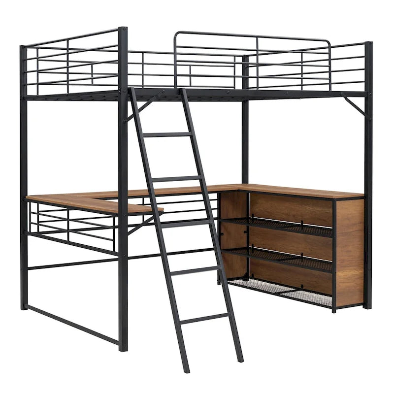 Full Size Metal Loft Bed with 3 Layers of Shelves and L-Shaped Desk