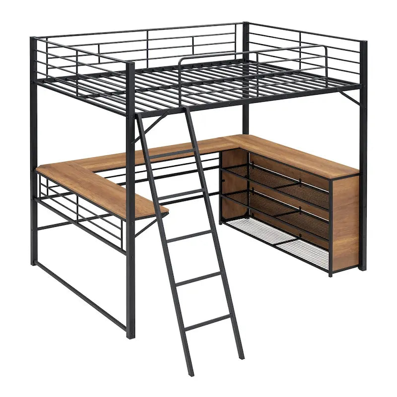 Letto a soppalco full size in metallo con scaffali e scrivania a L