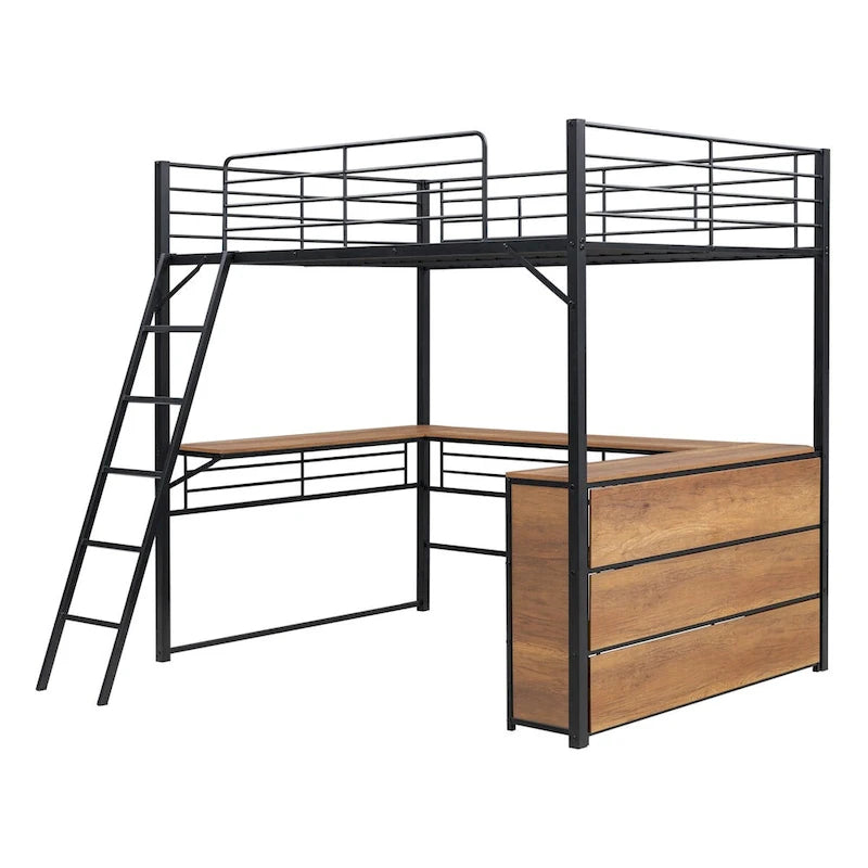 Letto a soppalco full size in metallo con scaffali e scrivania a L