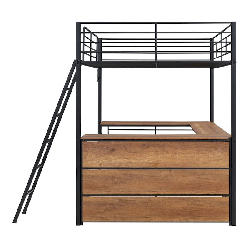 Letto a soppalco full size in metallo con scaffali e scrivania a L