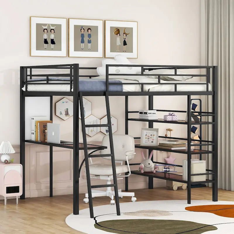 Letto a soppalco in metallo con scrivania e mensole, una piazza/una piazza e mezza