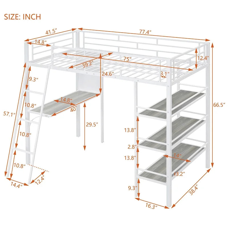 Letto a soppalco in metallo con scrivania e mensole, una piazza/una piazza e mezza