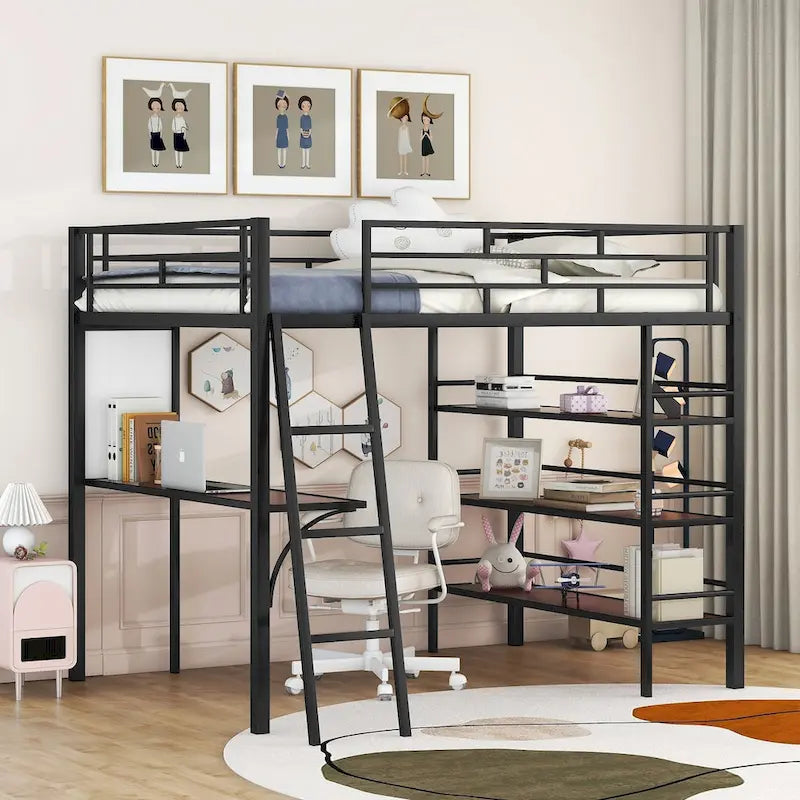 Letto a soppalco in metallo con scrivania e mensole, una piazza/una piazza e mezza