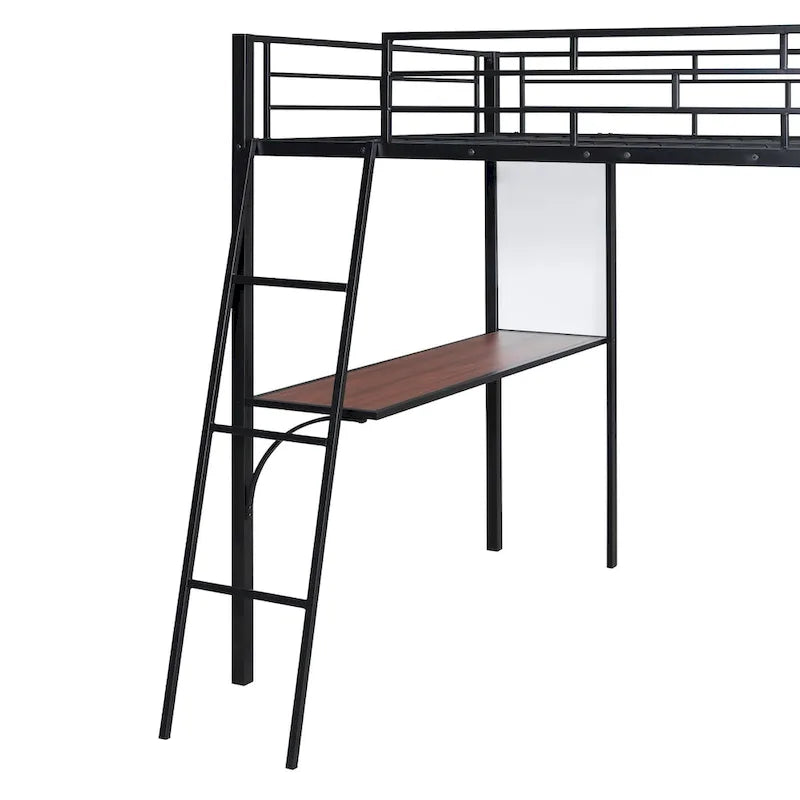 Letto a soppalco in metallo con scrivania e mensole, una piazza/una piazza e mezza