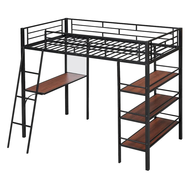 Letto a soppalco in metallo con scrivania e mensole, una piazza/una piazza e mezza