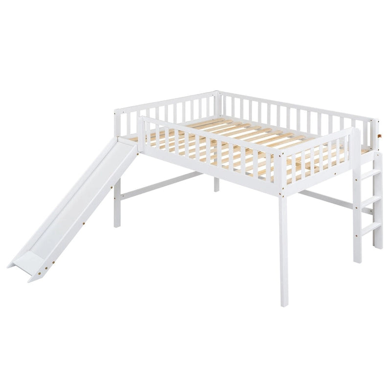 Letto a soppalco basso a grandezza naturale con scivolo e scaletta per bambini