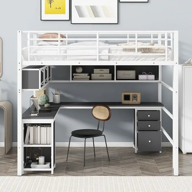Letto a soppalco in metallo matrimoniale con libreria, scrivania e armadietto