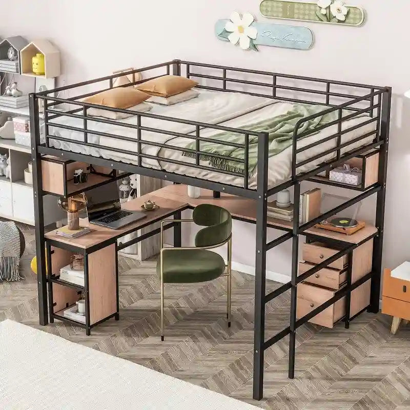 Letto a soppalco in metallo matrimoniale con libreria, scrivania e armadietto