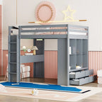 Letto a soppalco full size con mensole, scrivania e luce LED