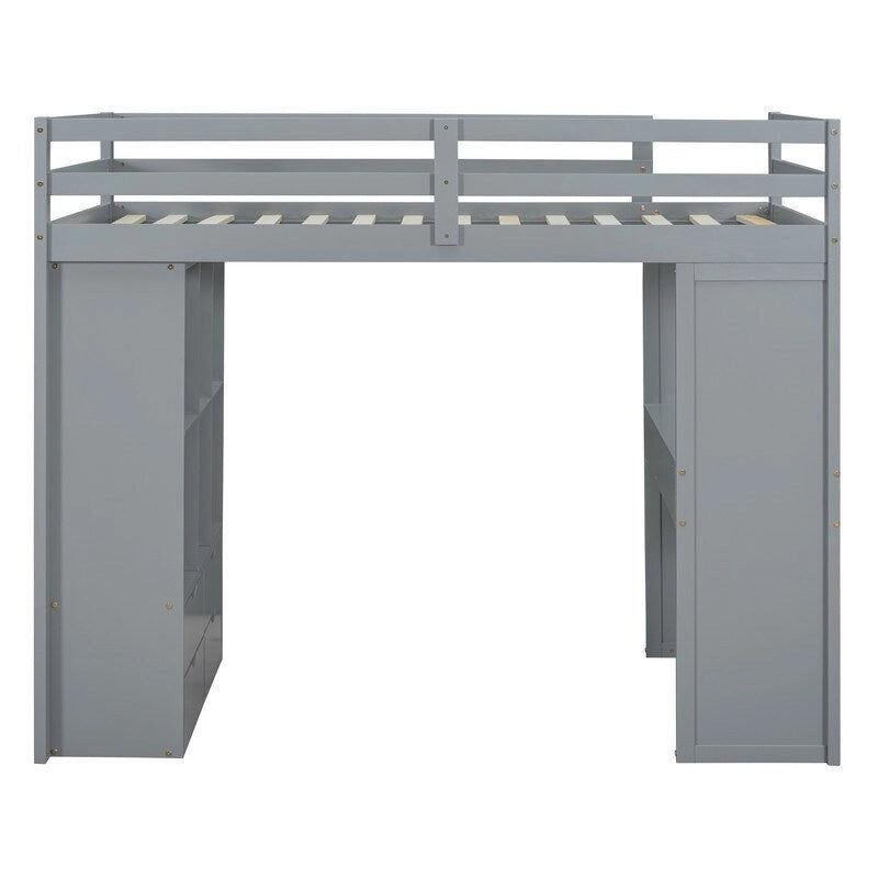 Letto a soppalco full size con mensole, scrivania e luce LED
