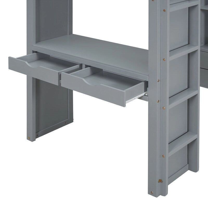 Letto a soppalco full size con mensole, scrivania e luce LED