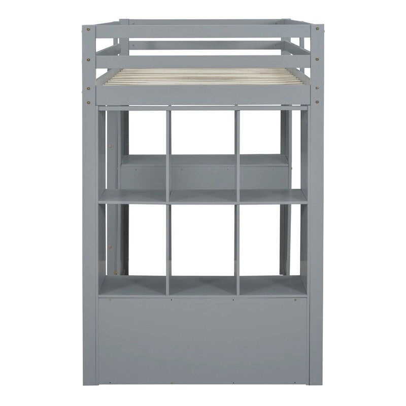 Letto a soppalco full size con mensole, scrivania e luce LED