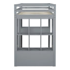 Letto a soppalco full size con mensole, scrivania e luce LED