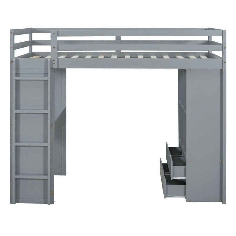 Letto a soppalco full size con mensole, scrivania e luce LED