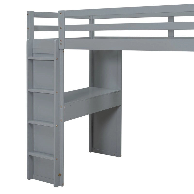 Letto a soppalco full size con mensole, scrivania e luce LED