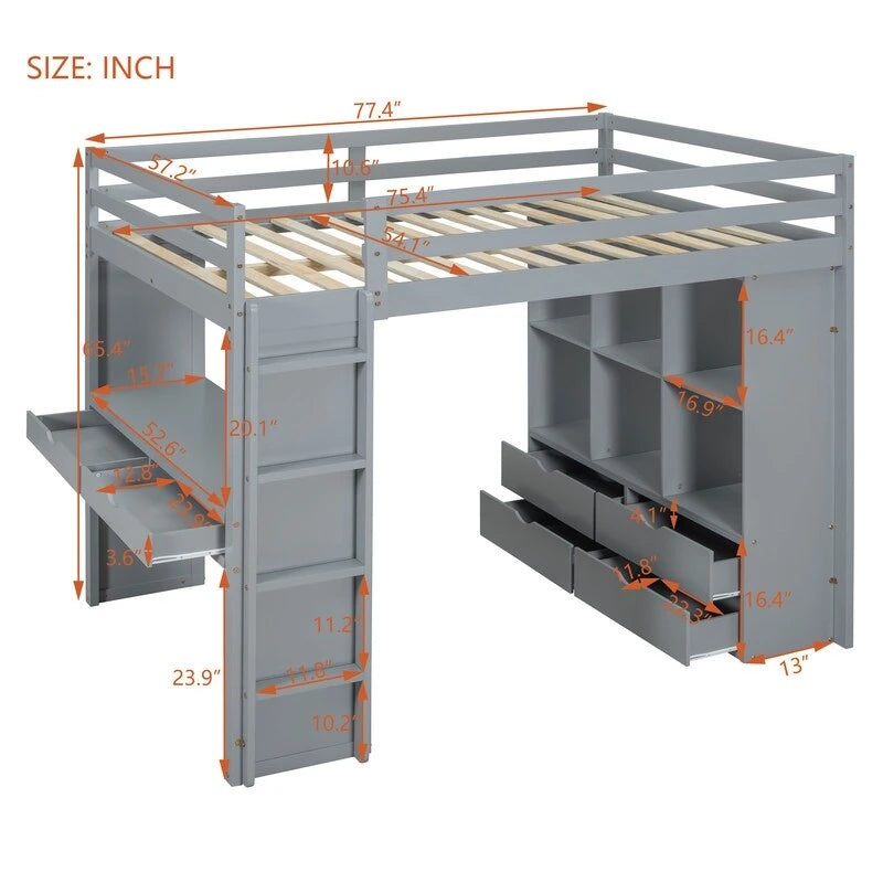 Letto a soppalco full size con mensole, scrivania e luce LED