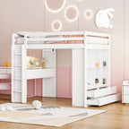 Letto a soppalco full size con mensole, scrivania e luce LED
