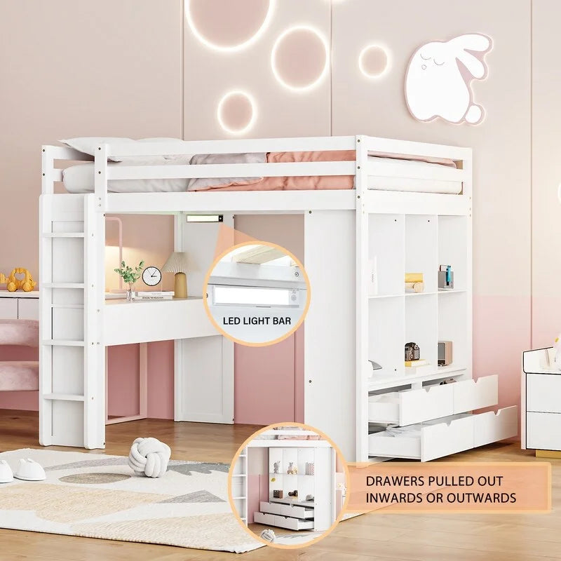 Letto a soppalco full size con mensole, scrivania e luce LED
